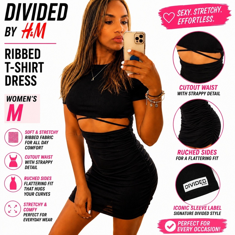 H&M Divided Ribbed Cutout Mini Dress Black Ruched Side Strappy Midriff Womens M